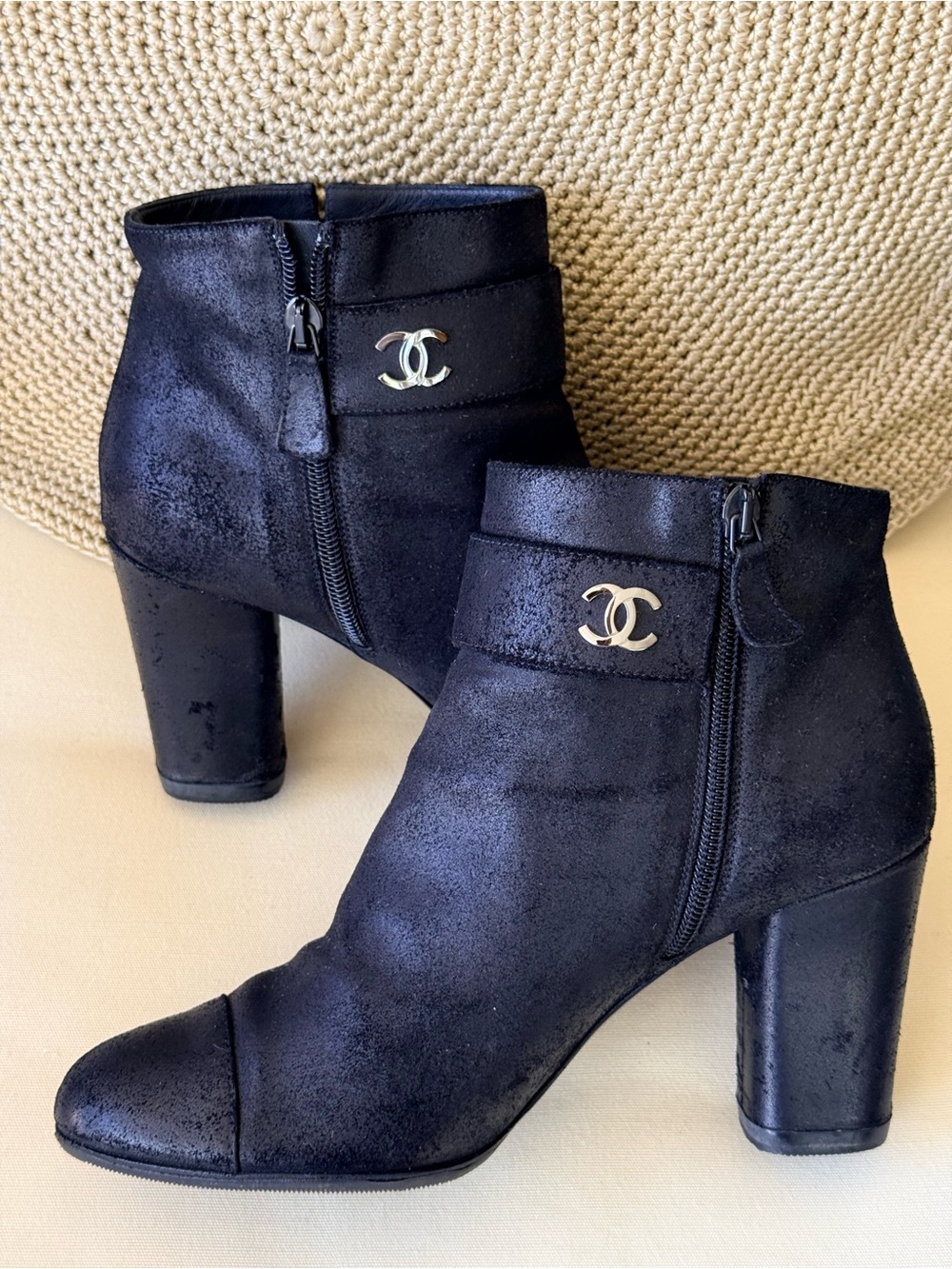 CHANEL Black Suede Block Heel Ankle Boots with Gold CC Emblem